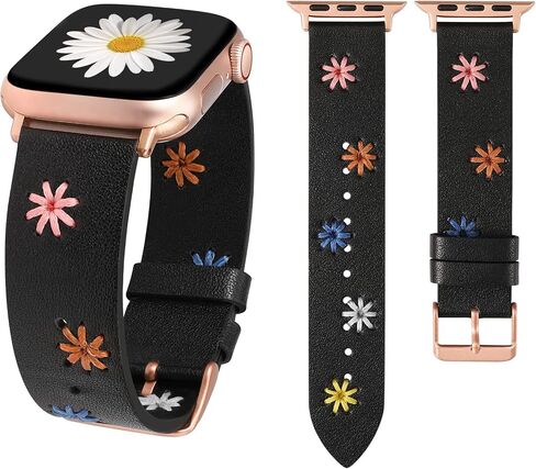 حزام من الجلد المزين بالزهور من Wearlizer متوافق مع سوار ساعة Apple للنساء 41/40/38 مم 45/44/42/49 مم (Ultra/Ultra 2) حزام مصمم مخيط يدويًا لطيف ورائع لسلسلة iWatch 9/8/SE/7/6/5/ 4/3/2/1 in Saudi Arabia
