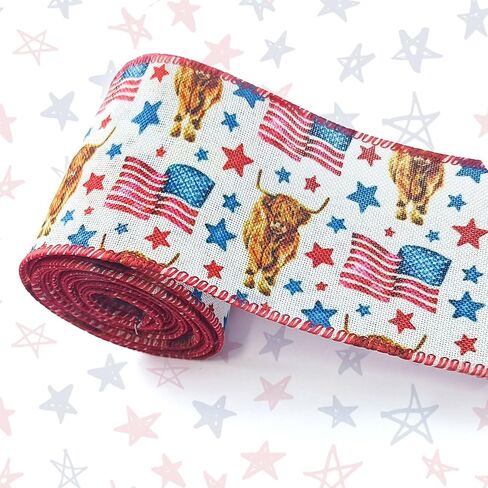 2.5Inch Patriotic Ribbon 4th of July Stars and Stripes Burlap Wired Edge Ribbon 6 Yard Patriotic Highland Cow American Flag Cow Ribbon for Independence Day Gift Wrapping DIY Wreath Bow Craft Sewing in Saudi Arabia