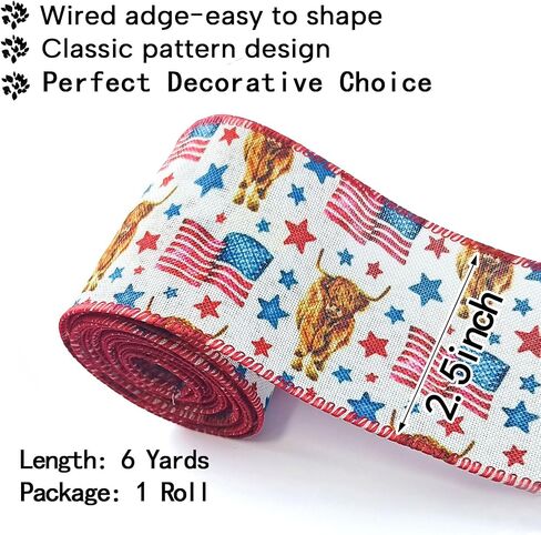 2.5Inch Patriotic Ribbon 4th of July Stars and Stripes Burlap Wired Edge Ribbon 6 Yard Patriotic Highland Cow American Flag Cow Ribbon for Independence Day Gift Wrapping DIY Wreath Bow Craft Sewing in Saudi Arabia
