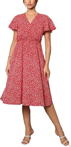 Women's Fashion Summer Short Sleeve V-Neck Floral Party Dress with Pockets Dresses in Saudi Arabia