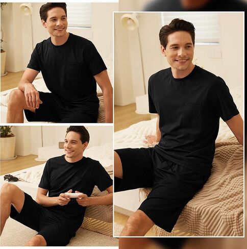 BAMBOO COOL Mens Pajama Set Sleepwear Pjs Lightweight Short Sleeve Shirts Soft Breathable Fresh Sleep Sets with Pockets S-3XL in Kuwait