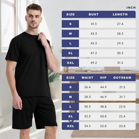 BAMBOO COOL Mens Pajama Set Sleepwear Pjs Lightweight Short Sleeve Shirts Soft Breathable Fresh Sleep Sets with Pockets S-3XL in Kuwait