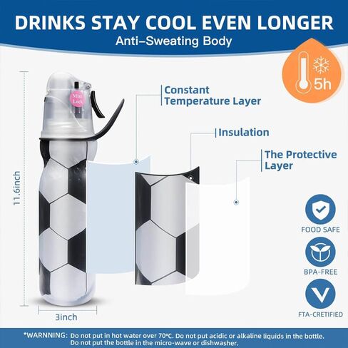 Insulated Sports Water Bottle with Spray Mist and Sip Kids Cool Misting Soccer Water Bottles School for Boys Girls Gym Cycling Climbing 20 OZ, Leak Proof Squeeze Cold Waterbottle in Saudi Arabia