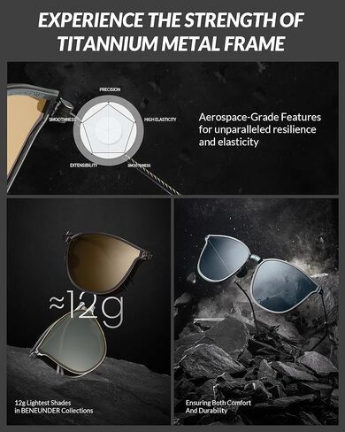 BENEUNDER Square Polarized Sunglasses for Women and Men, Foldable Titanium Frame Sunglasses with PC Lens, Ultra Lightweight in Kuwait