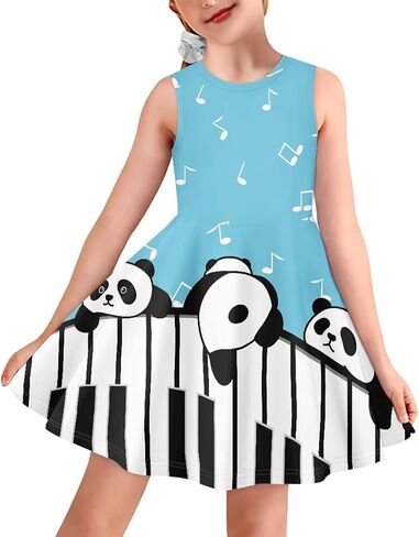 فستان كارتون باندا مطبوع على شكل حرف A من Twirly Skater للفتيات في الحفلات المدرسية مناسب ومضيئ، فساتين الشمس المتدفقة، فستان موسيقي، لوحة مفاتيح البيانو الموسيقية، بدون أكمام، رقبة مستديرة، لعمر 5-6 سنوات in Kuwait