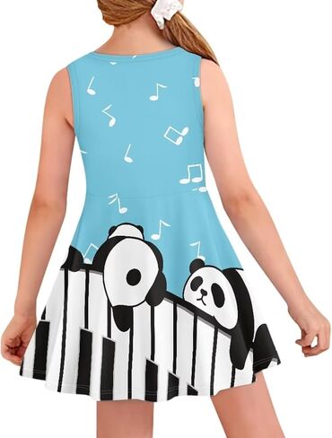 فستان كارتون باندا مطبوع على شكل حرف A من Twirly Skater للفتيات في الحفلات المدرسية مناسب ومضيئ، فساتين الشمس المتدفقة، فستان موسيقي، لوحة مفاتيح البيانو الموسيقية، بدون أكمام، رقبة مستديرة، لعمر 5-6 سنوات in Kuwait