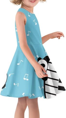 فستان كارتون باندا مطبوع على شكل حرف A من Twirly Skater للفتيات في الحفلات المدرسية مناسب ومضيئ، فساتين الشمس المتدفقة، فستان موسيقي، لوحة مفاتيح البيانو الموسيقية، بدون أكمام، رقبة مستديرة، لعمر 5-6 سنوات in Kuwait