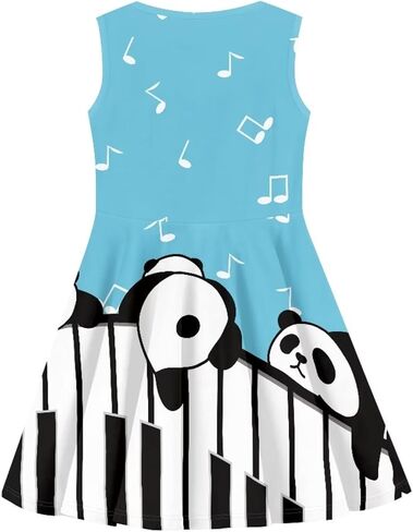 فستان كارتون باندا مطبوع على شكل حرف A من Twirly Skater للفتيات في الحفلات المدرسية مناسب ومضيئ، فساتين الشمس المتدفقة، فستان موسيقي، لوحة مفاتيح البيانو الموسيقية، بدون أكمام، رقبة مستديرة، لعمر 5-6 سنوات in Kuwait