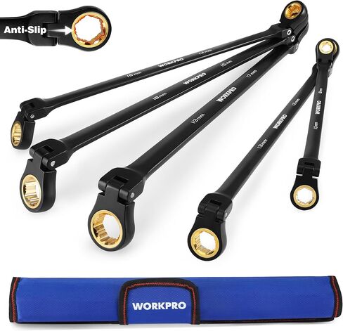 WORKPRO Extra Long Flex-Head Ratcheting Wrench Set, 5-piece Anti-Slip Double Box Wrenches Set, Metric 8-19 mm, 72-Teeth, Cr-V Steel and Black Electrophoretic Coating Wrenches with Rolling Pouch in Saudi Arabia