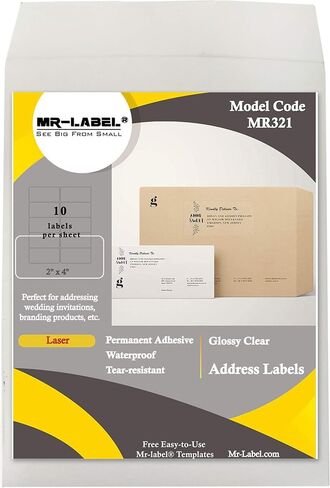 Mr-Label 2" x 4" Glossy Crystal Clear Address Labels - Waterproof and Tear-Resistant - for Laser Printer Only - Permanent Adhesive - for Glass Bottle | Envelope (100 Labels) in Saudi Arabia