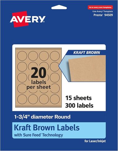 Avery Kraft Brown Round Labels with Sure Feed, 1.75" Diameter, 300 Kraft Brown Labels, Print-to-The-Edge, Laser/Inkjet Printable Labels in Saudi Arabia