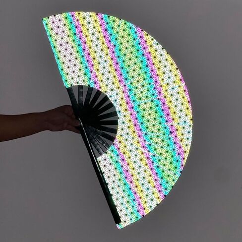 Reflective Large Clack Festival Handheld Folding Rave Fans,Chinese Bamboo Fans for EDM, Music Festival, Party, Dancing Fan (Small Crushed Flowers) in Saudi Arabia