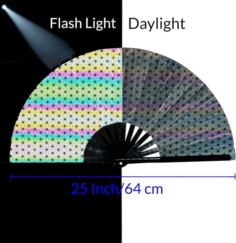 Reflective Large Clack Festival Handheld Folding Rave Fans,Chinese Bamboo Fans for EDM, Music Festival, Party, Dancing Fan (Small Crushed Flowers) in Saudi Arabia