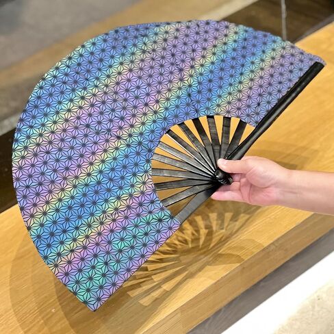Reflective Large Clack Festival Handheld Folding Rave Fans,Chinese Bamboo Fans for EDM, Music Festival, Party, Dancing Fan (Small Crushed Flowers) in Saudi Arabia