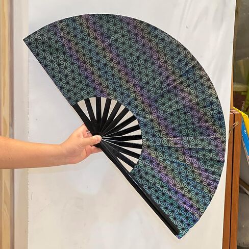 Reflective Large Clack Festival Handheld Folding Rave Fans,Chinese Bamboo Fans for EDM, Music Festival, Party, Dancing Fan (Small Crushed Flowers) in Saudi Arabia