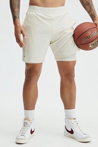 Fabletics Men's The Fundamental Short (Lined), Workout, Running, Training, Gym, Yoga, Ultra Lightweight, Athletic, 5" Inseam, L, Bone in Saudi Arabia