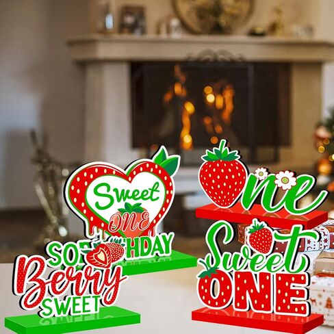 4 قطع زينة عيد ميلاد الفراولة الحلوة لطاولة واحدة خشبية قطعة مركزية التوت ديكور عيد الميلاد الأول ديكورات طاولة خشبية حلوة عيد ميلاد واحد ديكور صينية خشبية متدرجة لعيد الميلاد الأول in Kuwait