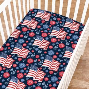 American Flag Blue Red Floral Baby Crib Sheets for Boys Girls 52"x28" Patriotic 4th of July Independence Day Soft Breathable Toddler Nursery Bed Sheet for Standard Crib and Toddler Mattresses Navy