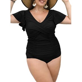 Women's Plus Size Swimsuit Bathing Suits One Piece Swimsuit Tummy Control Cap Sleeve Bathing Swimsuits