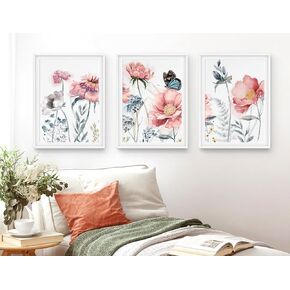 Pink Floral Canvas Wall Art Prints (Set of 3) Watercolor Butterfly Flower Wall Decor Vintage Botanical Aesthetic Wall Art Posters Artwork Painting for Bedroom Dining Room Office - 8"X10" (Unframed)