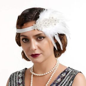 Bridal 1920s Flapper Feather Headband Crystal Beaded Feather Roaring 20s Headpiece Prom Party Festival Hair Jewelry for Women and Girls (Black)