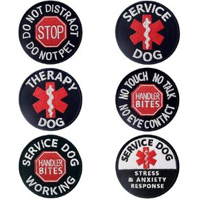 Service Dog EMS Working Do Not Pet Distract Handler Bite Therapy Medic Paramedic Star Vest/Harnesses Morale Tactical Patch Embroidered Badge Fastener Hook & Loop Emblem, 6 Pcs
