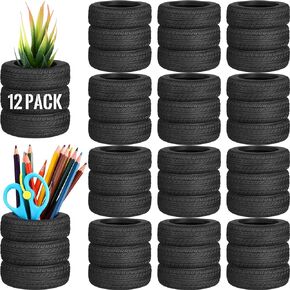 12 Pcs Tire Shaped Pen Holder Car Tire Pencil Holder Black Stack Stationery Accessories for Desk Kids School Office Decor Christmas Gift Supplies Novelty Funny Cactus Succulent Planter Pot