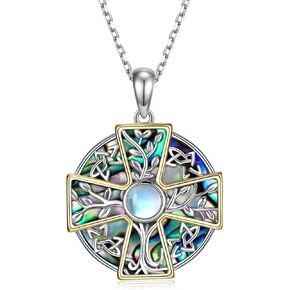 Tree of Life Necklace for Women 925 Sterling Silver Moonstone Cross Celtic Knot Tree of Life Pendant Necklace Boho Jewelry Gifts for Girls daughter
