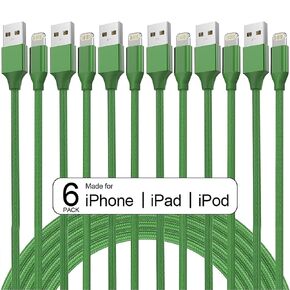 6Pack(3/3/6/6/6/9 FT)[Apple MFi Certified] iPhone Charger Nylon Braided Fast Charging Lightning Cable Compatible iPhone 14/13/12/11 Pro Max/XS MAX/XR/XS/X/8/7/Plus/6S iPad AirPods-Green