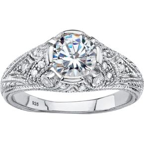 PalmBeach Sterling Silver Round Cubic Zirconia Vintage Style Engagement Ring Sizes 6-12