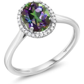 Gem Stone King 10K White Gold 8X6MM Oval Gemstone Birthstone & White Diamond Halo Engagement Ring | Wedding Anniversary Promise White Gold Ring For Women | Size 5,6,7,8,9