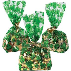 100PCS St Patrick's Day Shamrock Cellophane Bags Party Favors - Saint Patrick's Day Lucky Shamrock Clover Cellophane Bags for Irish Party Decorations Supplies