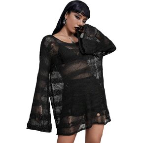 Verdusa Women's See Through Round Neck Drop Shoulder Sweater Long Flare Sleeve Knit Top