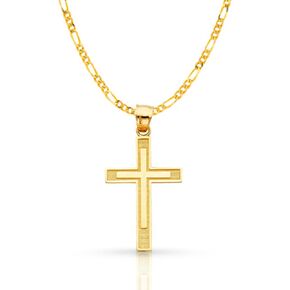 14K Yellow Gold Cross Pendant with 1.9mm Figaro 3+1 Chain Necklace