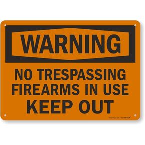 SmartSign - S-8638-AL-14 Warning - No Trespassing, Firearms in Use, Keep Out Sign by | 10" x 14" Aluminum Black on Orange