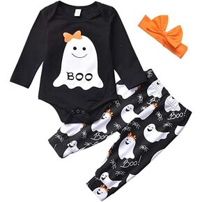 Infant Baby Girl Halloween Outfits Long Sleeve Rompers and Printed Pants with Headband 3pcs Set