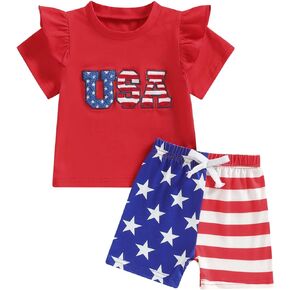4th of July Baby Girls Outfits Embroidery Short Sleeve T-Shirts Stars Print Shorts Toddler Infant Summer Clothes