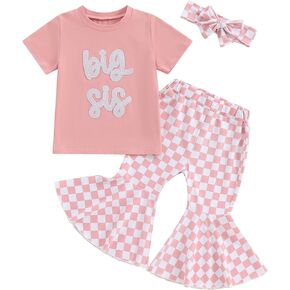Toddler Baby Bell Bottoms Outfits Short Sleeve Ruffle Letter Print Romper Flower Flare Pants Headband 3Pcs