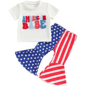 Ayalinggo 4th of July Baby Girl Outfits American Embroidery T-shirt Triped Flag Bell Bottoms Pants Toddler Fourth Clothes