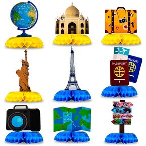 9PCS Travel Themed Party Decorations Honeycomb Centerpieces Adventure Party Decorations Around the World Decorations Travel Table Toppers for Baby Shower Retirement Birthday Party