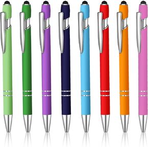 8 Pieces Ballpoint Pen with Stylus Tip Black Ink 2 in 1 Stylus Metal 1.0 mm Medium Point Smooth Pen Rainbow Colorful Rubberized Ballpoint for Touch Screen Tablet(Black)