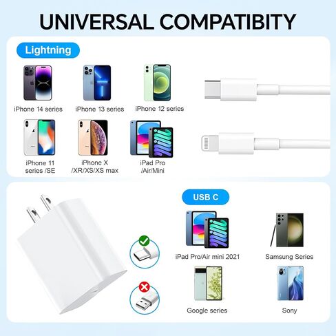 لشاحن iPhone، [معتمد من MFi] شاحن سريع لشحن iPhone، وكابل USB C بطول 6 أقدام إلى كابل Lightning وكتلة شاحن USB C 3.0 متوافقة مع iPhone 14/13/12/11/X/Pad (أبيض) in Kuwait