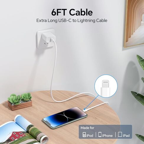 لشاحن iPhone، [معتمد من MFi] شاحن سريع لشحن iPhone، وكابل USB C بطول 6 أقدام إلى كابل Lightning وكتلة شاحن USB C 3.0 متوافقة مع iPhone 14/13/12/11/X/Pad (أبيض) in Kuwait