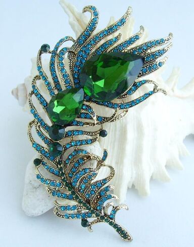4.33" Rhinestone Crystal Peacock Feather Brooch Pin Pendant BZ5038 in Saudi Arabia