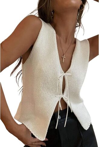 Women Crochet Vest Knit Tie Front V Neck Sleeveless Vests Top Y2k Vintage Going Out in Saudi Arabia