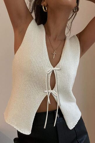 Women Crochet Vest Knit Tie Front V Neck Sleeveless Vests Top Y2k Vintage Going Out in Saudi Arabia