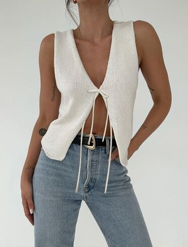 Women Crochet Vest Knit Tie Front V Neck Sleeveless Vests Top Y2k Vintage Going Out in Saudi Arabia