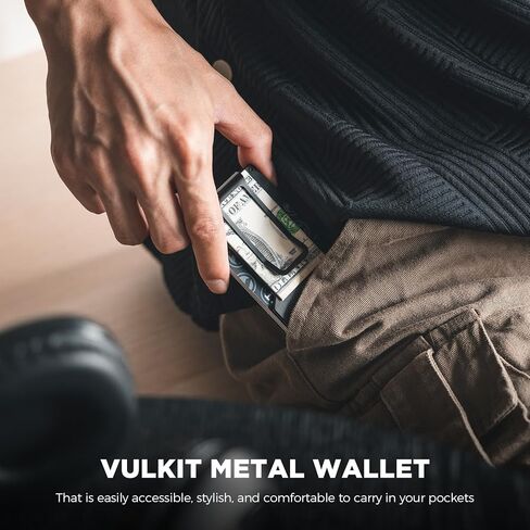 VULKIT محفظة معدنية نحيفة مع مشبك نقود، حامل بطاقة ائتمان بسيط، حافظة بطاقات عمل، محفظة جيب أمامي للرجال (أسود) in Saudi Arabia