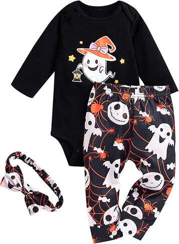 Infant Baby Girl Halloween Outfits Long Sleeve Rompers and Printed Pants with Headband 3pcs Set in Saudi Arabia