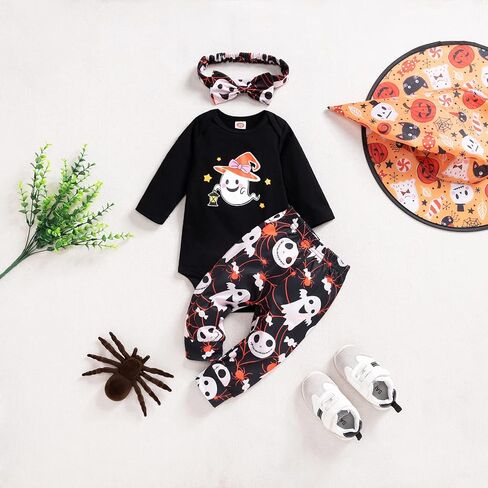 Infant Baby Girl Halloween Outfits Long Sleeve Rompers and Printed Pants with Headband 3pcs Set in Saudi Arabia